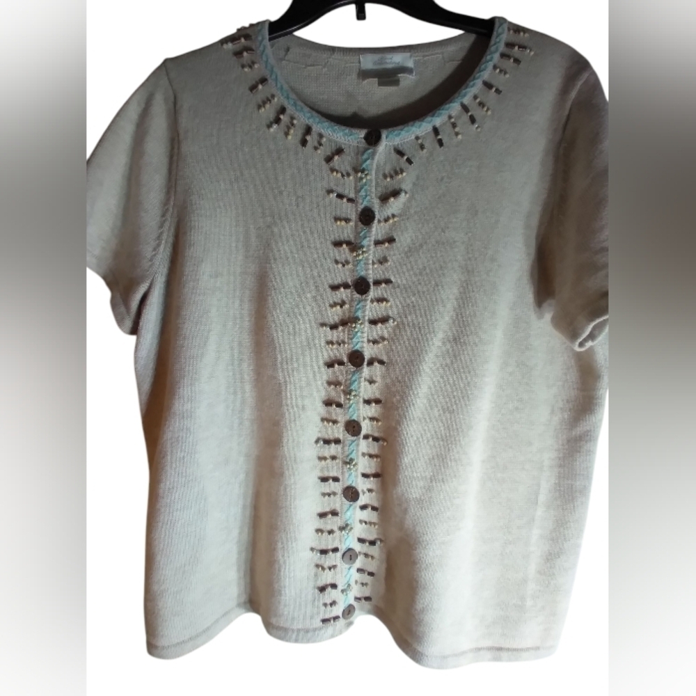 Christopher & Banks Women's Cream Short Sleeve Light Sweater Size L Button Up
